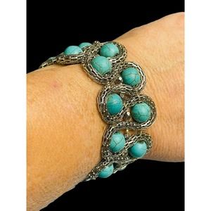 Statement Southwestern Faux Turquoise Silver Mesh Stretch Bracelet Boho Western